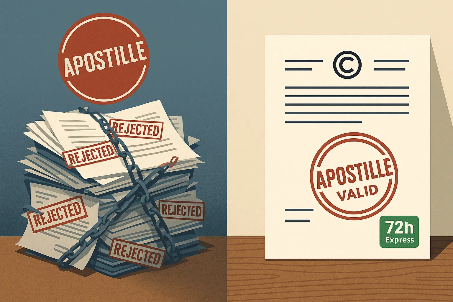 Documenten geweigerd wegens ontbrekende apostille, tegenover een document goedgekeurd met express-apostille binnen 72 uur