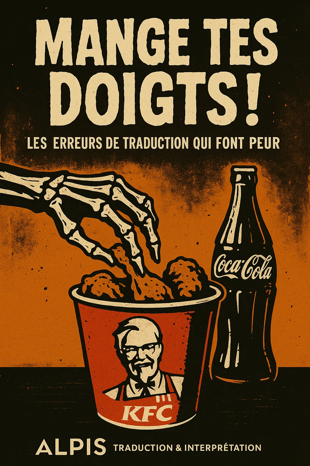 Halloween-poster van Alpis « Eet je vingers op! », knipoog naar de vertaalfouten van KFC en Coca-Cola
