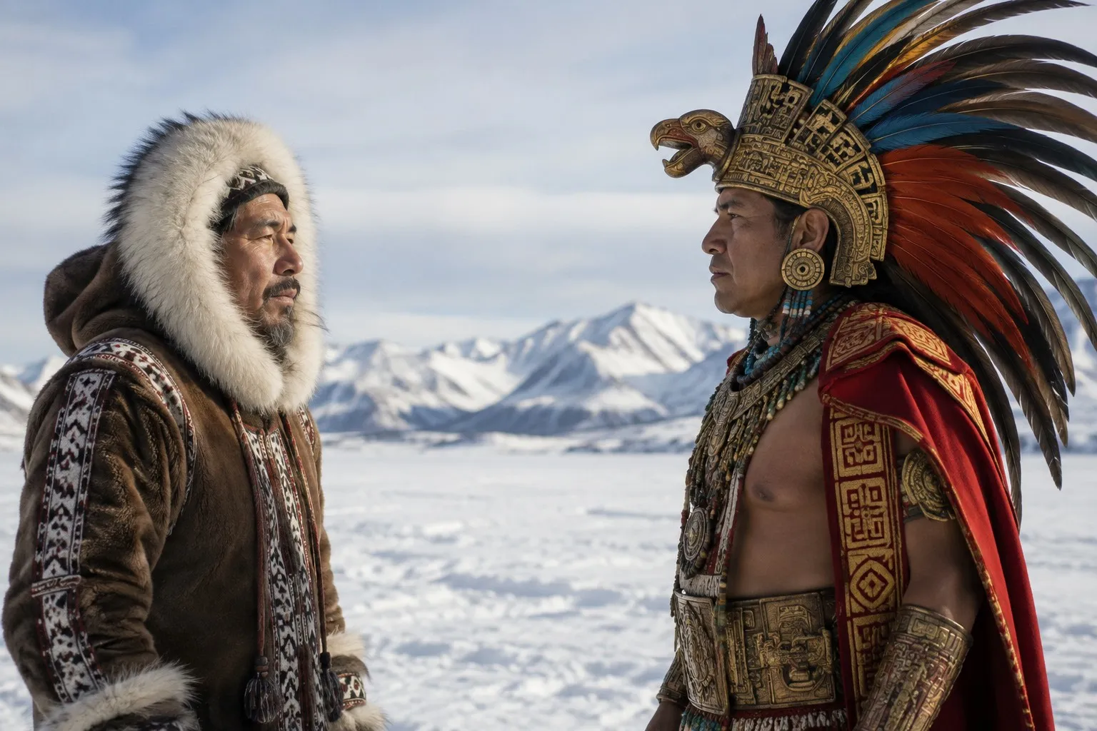 Het schema van Georges Mounin geïllustreerd door een Azteek en een Eskimo tegenover een sneeuwlandschap