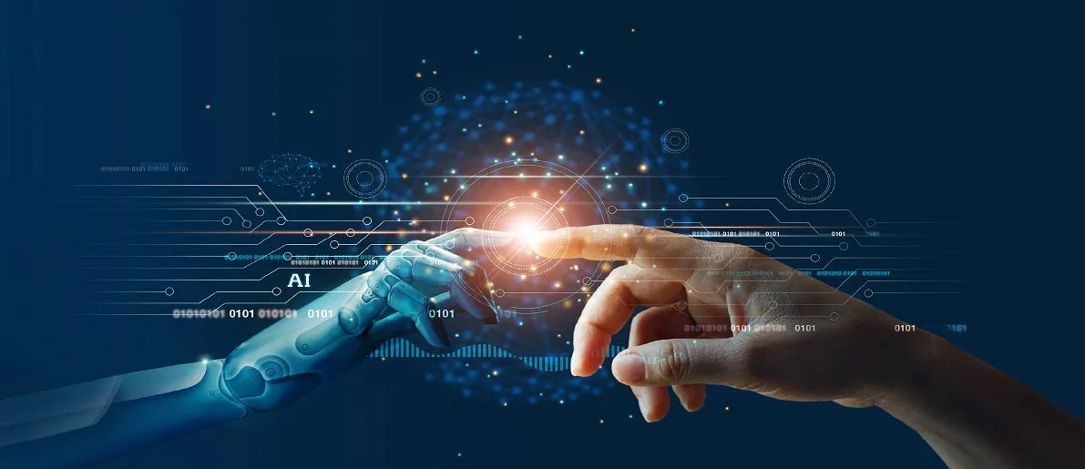 Une main robotique et une main humaine se rejoignent devant un réseau numérique