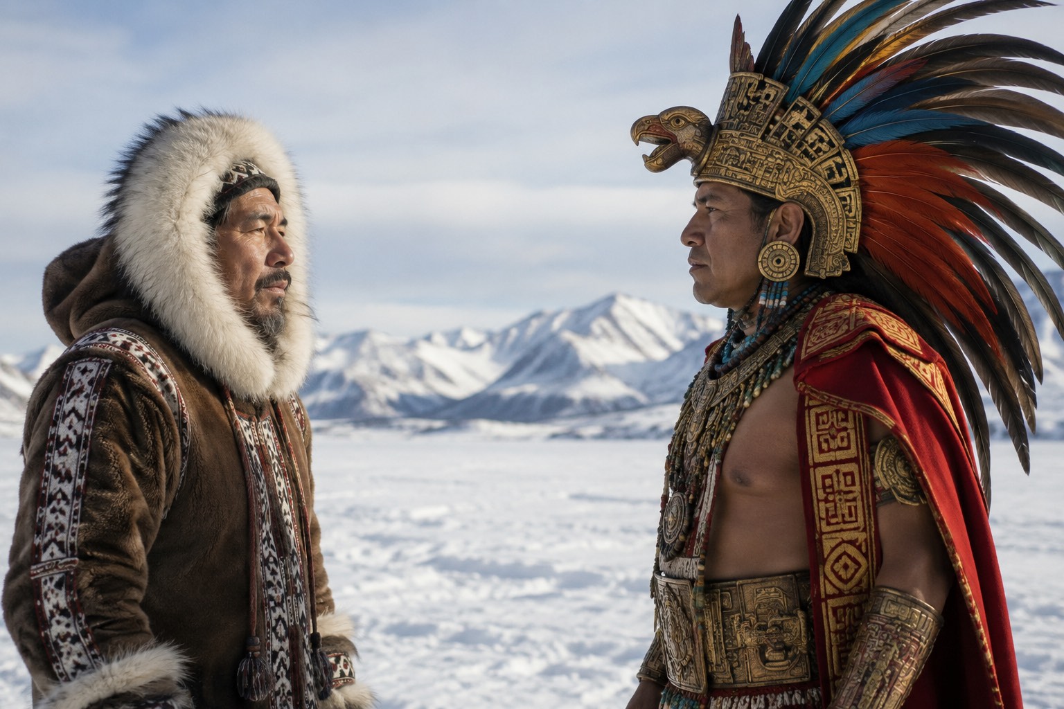 Le schéma de Georges Mounin illustré par un Aztèque et un Eskimo face à un paysage de neige